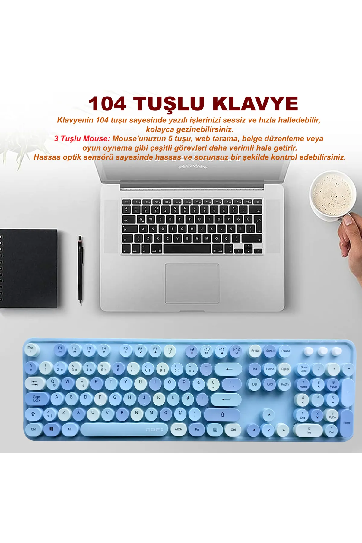 Bilişim Burada Mofii Sweet Retro Yuvarlak Tuşlu Mavi Klavye Mouse Set  Türkçe Klavye